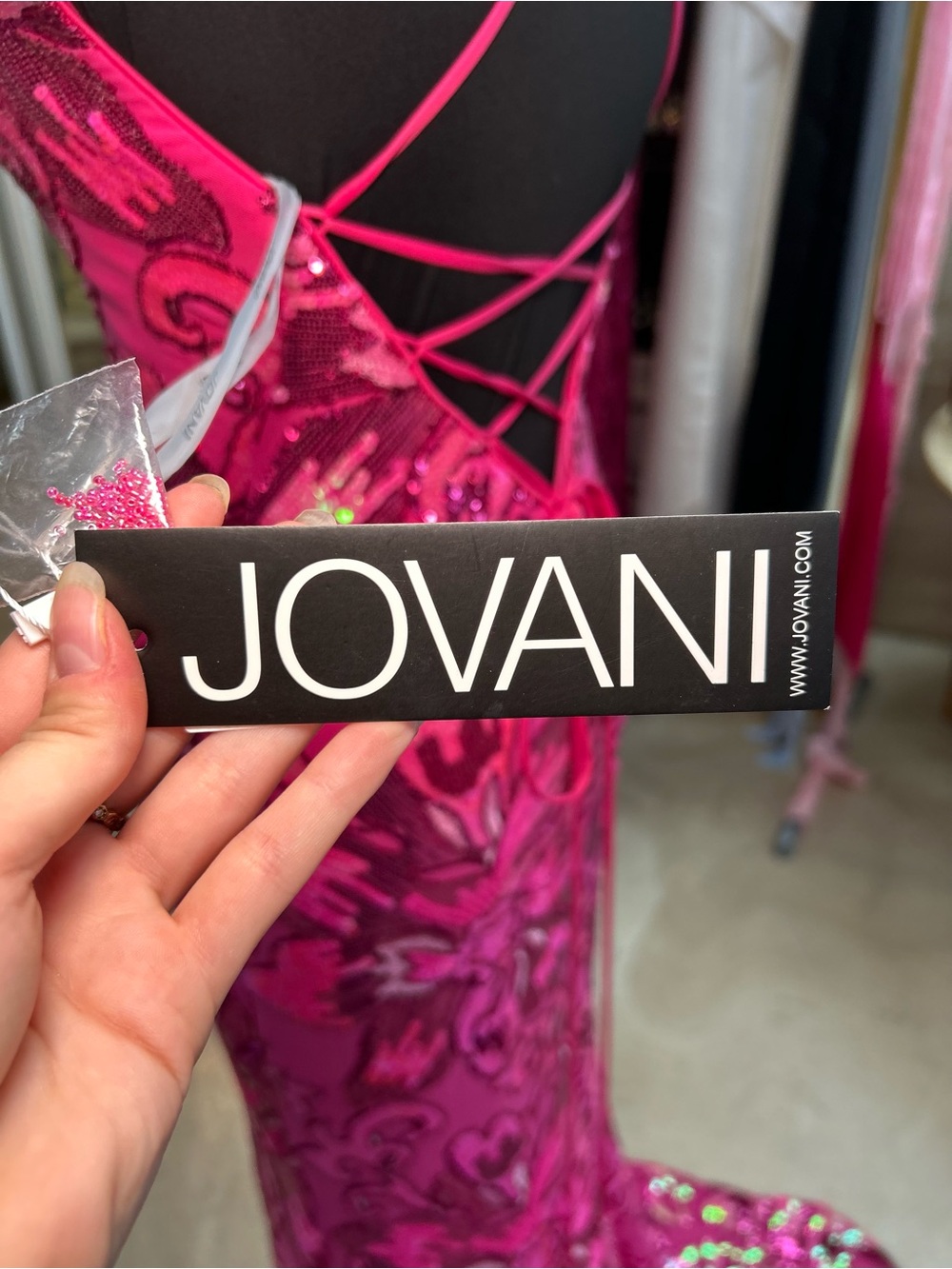 Jovani Hot Pink and Gold V-Neck Sequin Floral Prom Gown - Picture 6 of 6